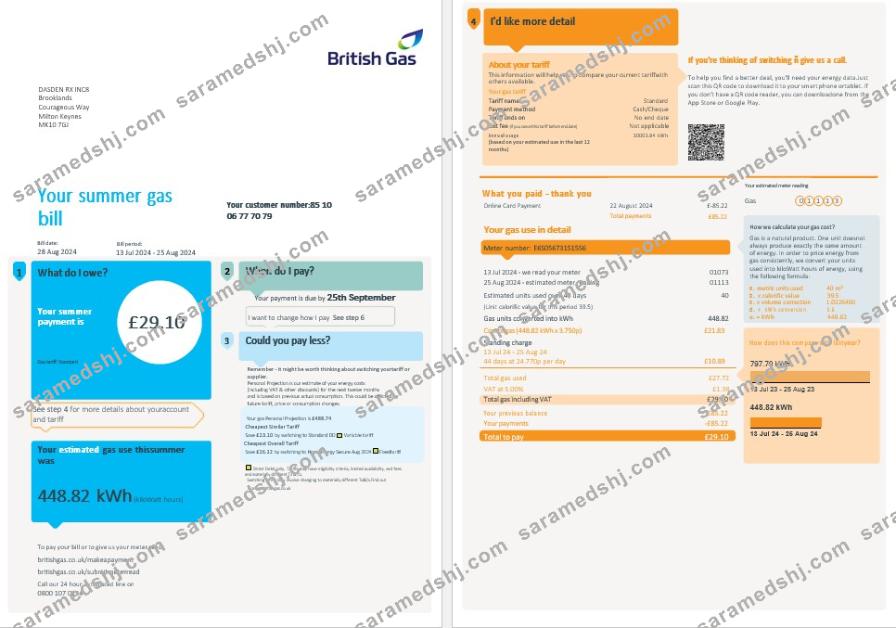 United Kingdom British Gas business utility bill, Word and PDF template, 4 pages 1-2
